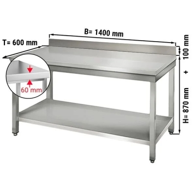 Table de travail inox adossée1400 x 600 – Avec étagère basse